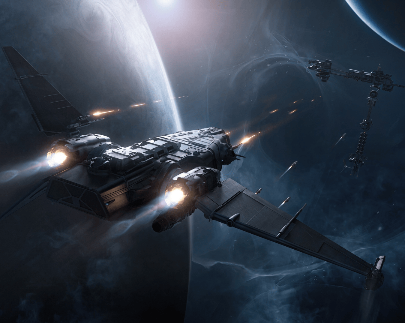 A corsair ship defending its self after a jump in system