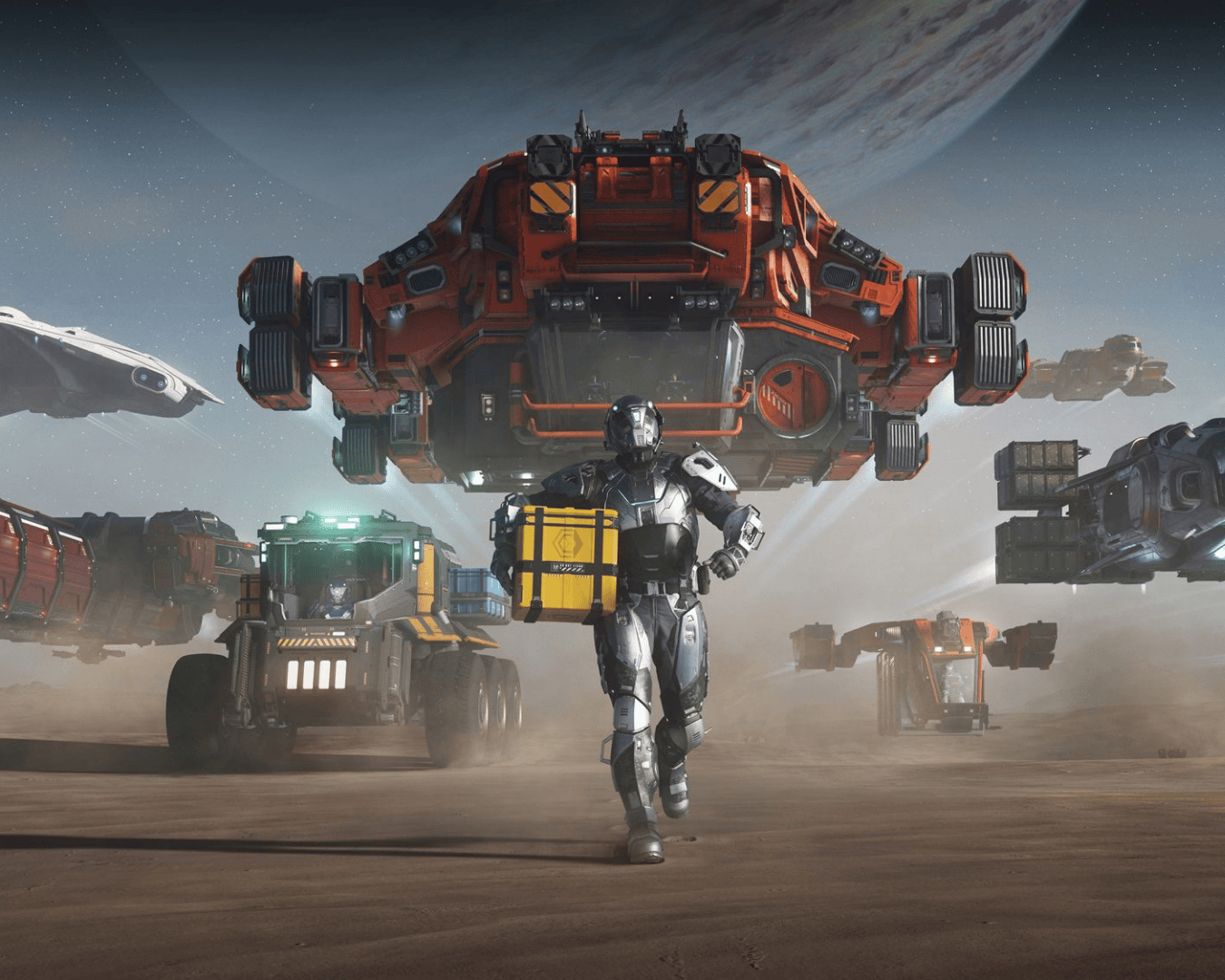 a shot of all the logistics ships flying over a person carrying a cargo box.